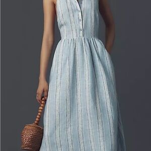 Reformation x Anthropologie Linen Light Blue Striped Midi Dress